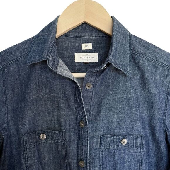 LOFT The Softened Shirt Chambray 100% Cotton Long Sleeve Button Down – Women's X - Picture 3 of 6